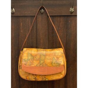 Vintage Alviero Martini Map-Print Leather Shoulder Bag Classic World Map Design